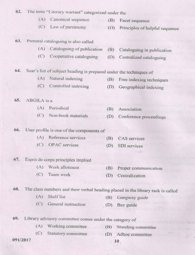 Kerala PSC Catalogue Assistant Exam Question Code 0912017 9