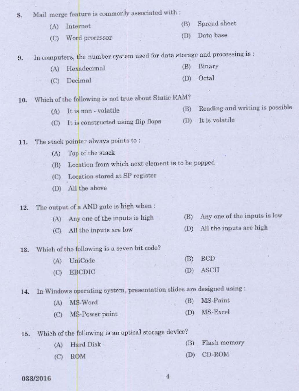 KPSC Computer Operator Exam 2016 Code 332016 2