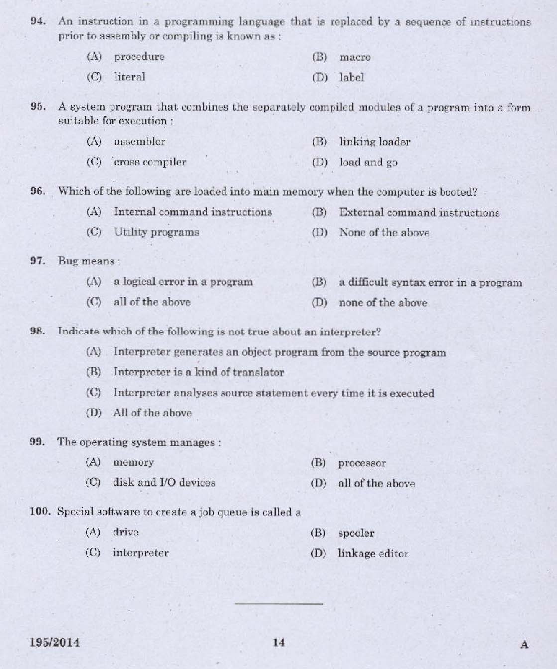 Kerala PSC Computer Programmer Exam 2014 Question Paper Code 1952014 12
