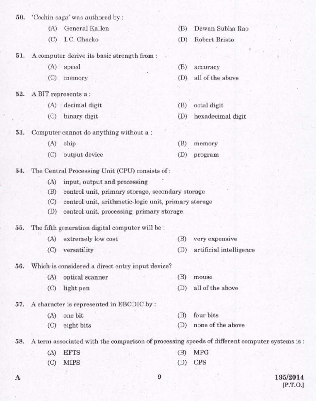 Kerala PSC Computer Programmer Exam 2014 Question Paper Code 1952014 7