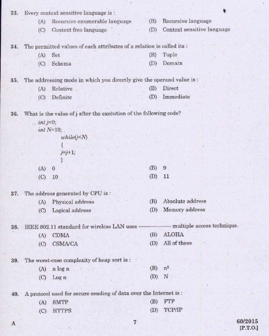 Kerala PSC Computer Programmer Exam 2015 Question Paper Code 602015 5