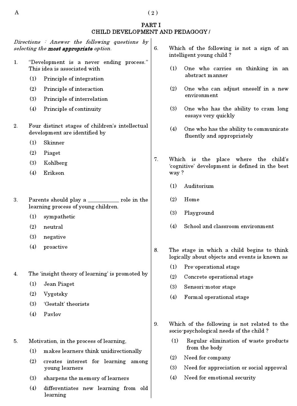 CTET June 2011 Paper 1 Part I Child Development and Pedagogy 1