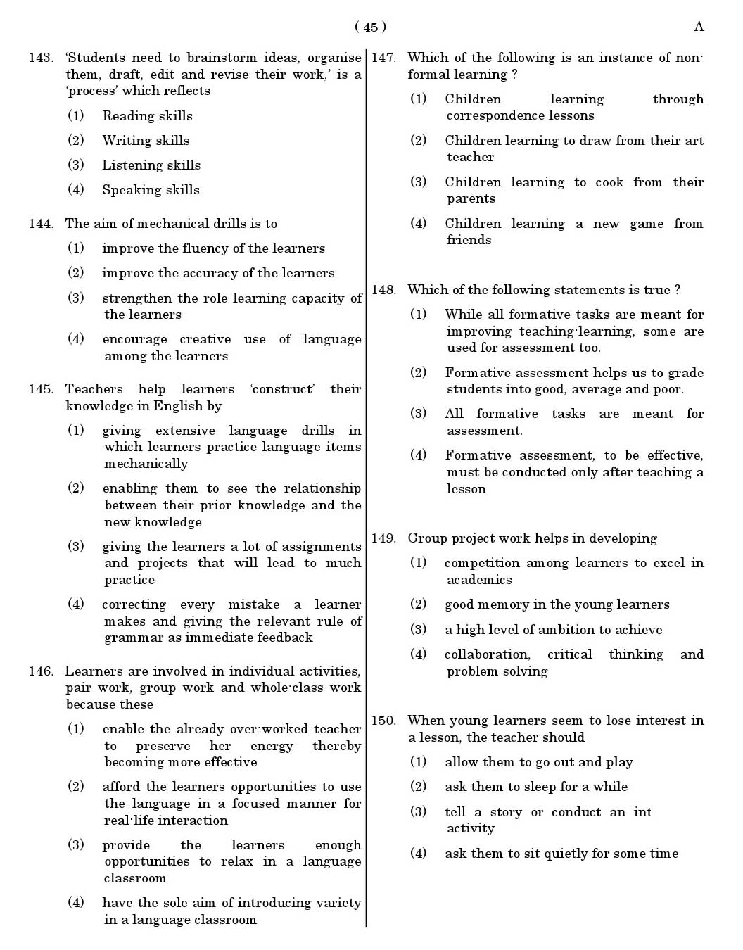 CTET June 2011 Paper 1 Part V Language II English 4