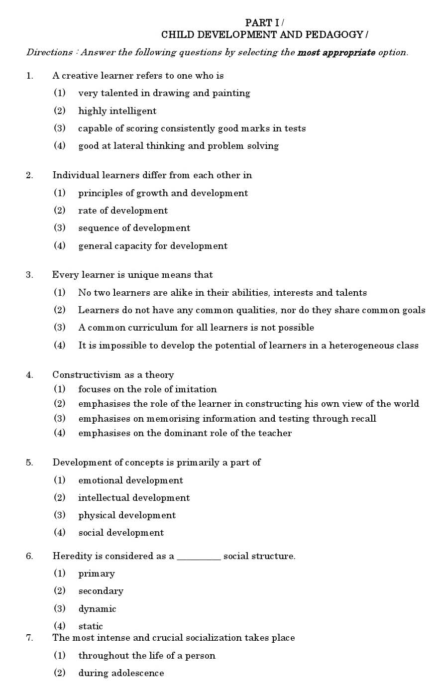 CTET June 2011 Paper 2 Part I Child Development and Pedagogy 1