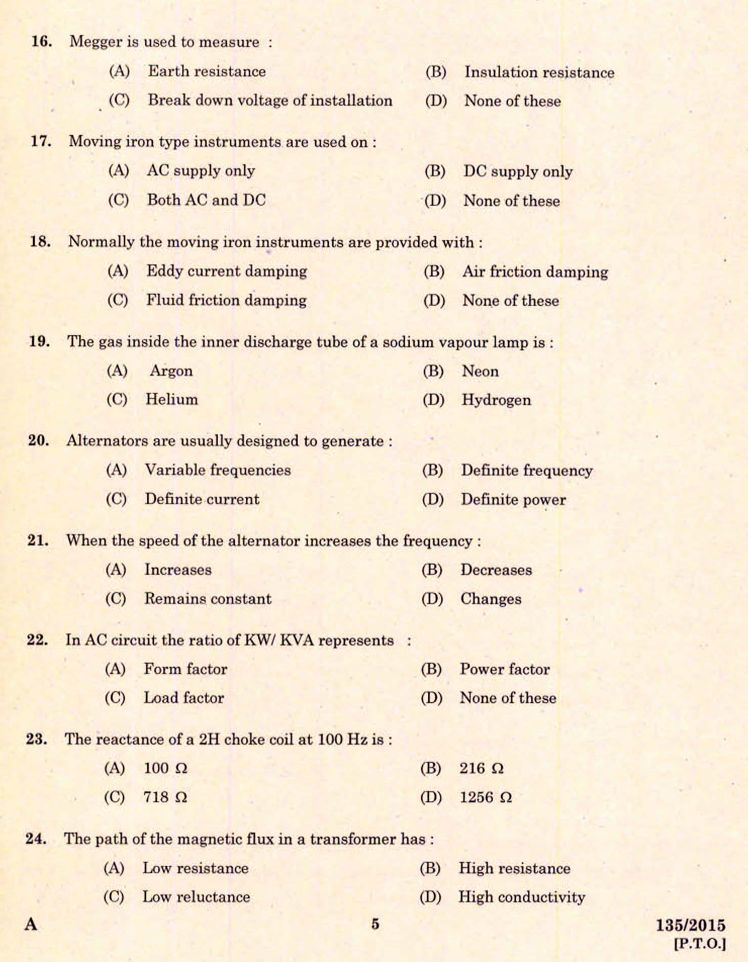 Kerala PSC Electrician Exam 2015 Question Paper Code 1352015 3