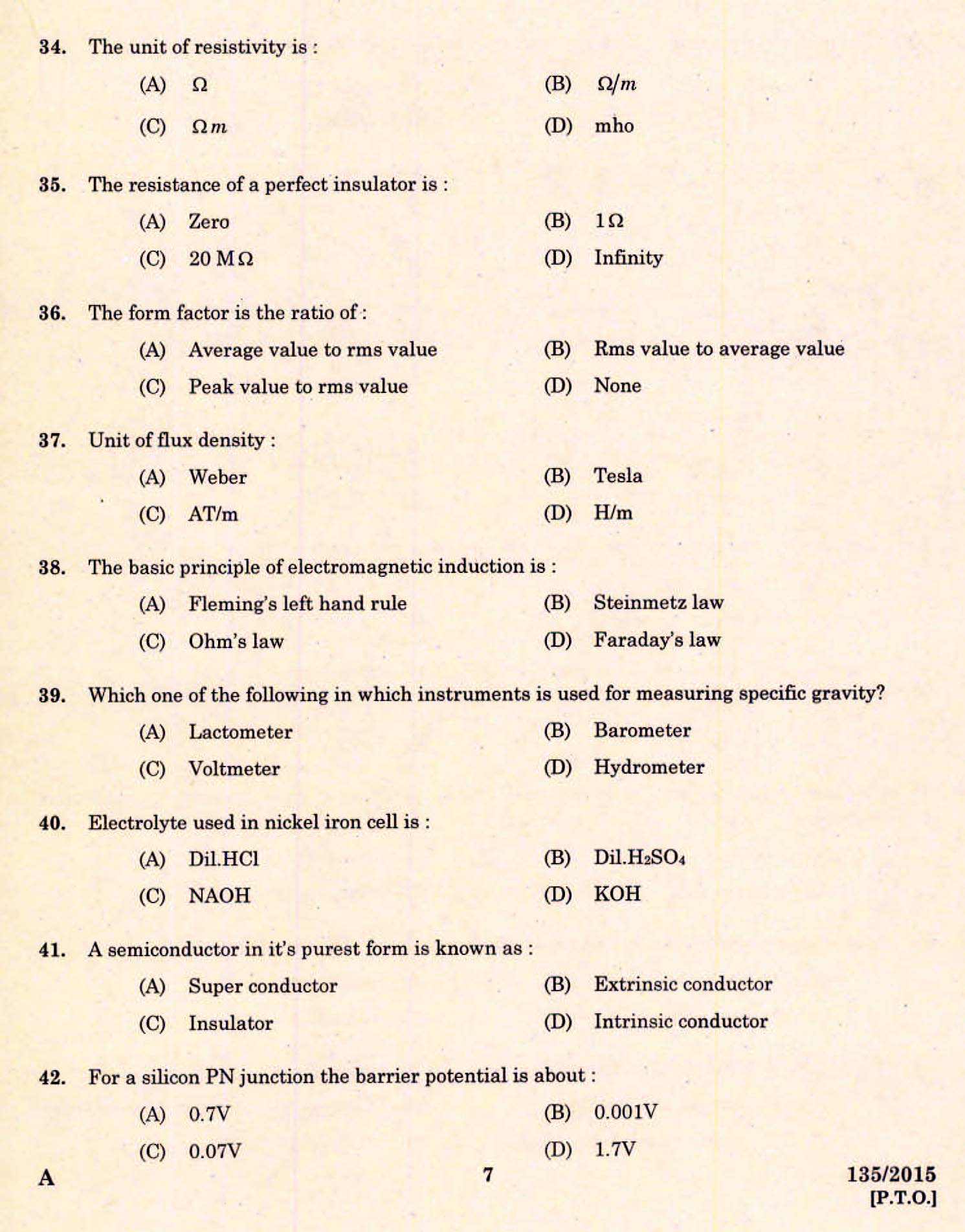 Kerala PSC Electrician Exam 2015 Question Paper Code 1352015 5