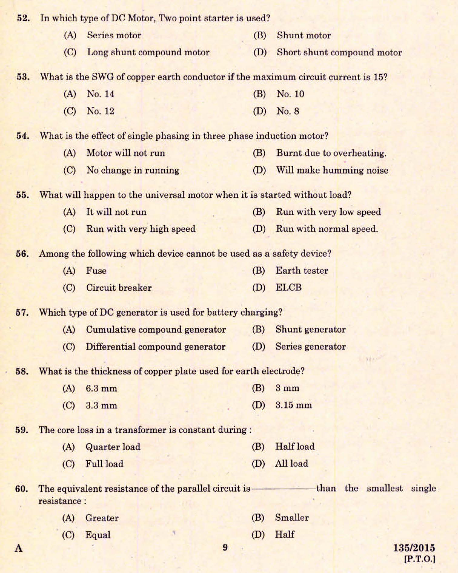 Kerala PSC Electrician Exam 2015 Question Paper Code 1352015 7