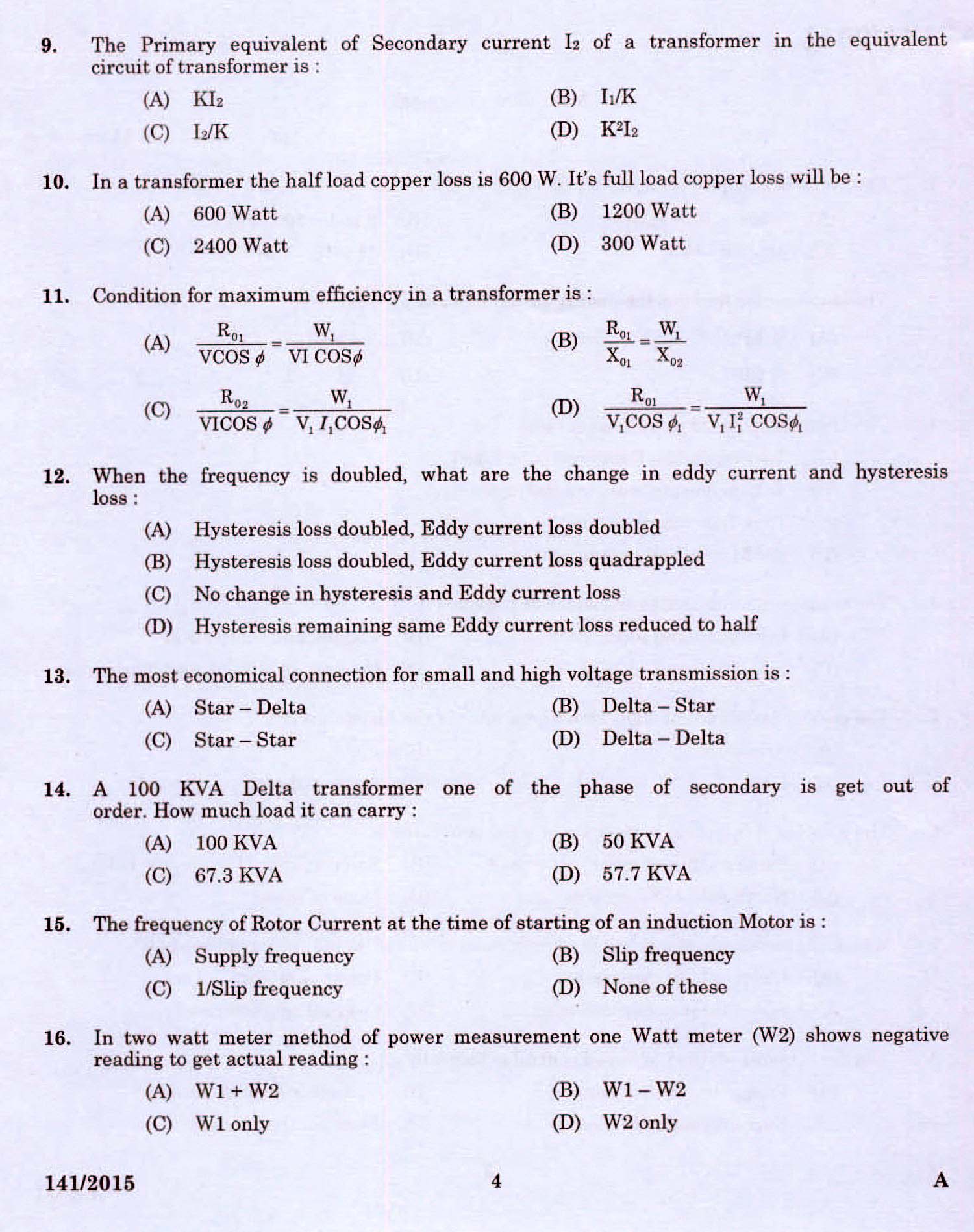 Kerala PSC Electrician Exam 2015 Question Paper Code 1412015 2