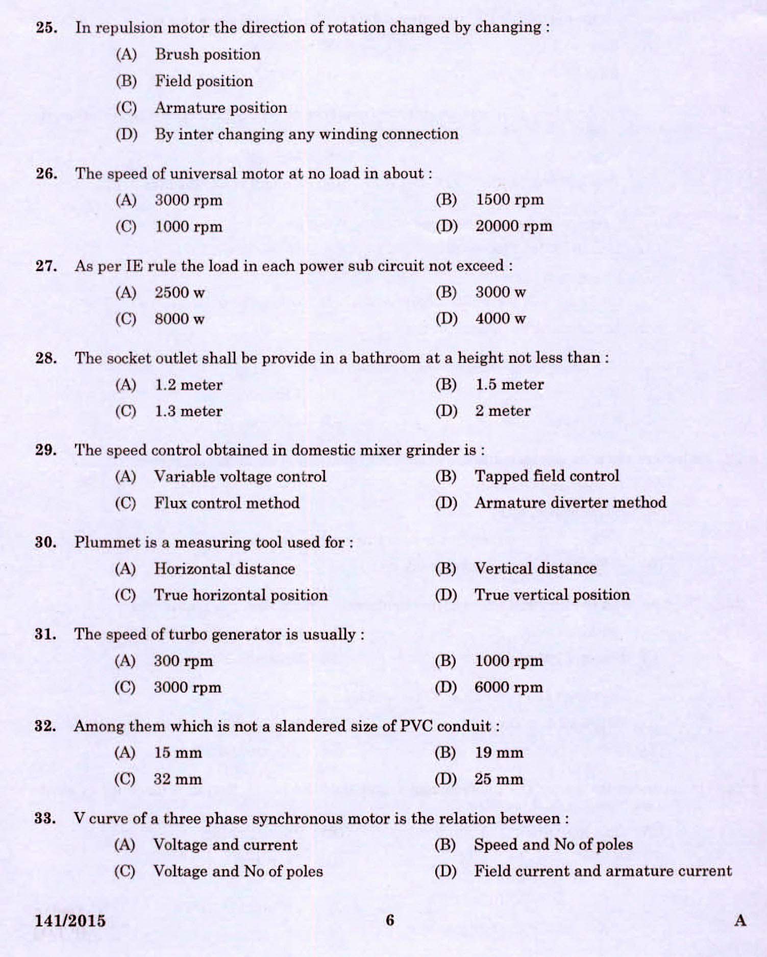 Kerala PSC Electrician Exam 2015 Question Paper Code 1412015 4