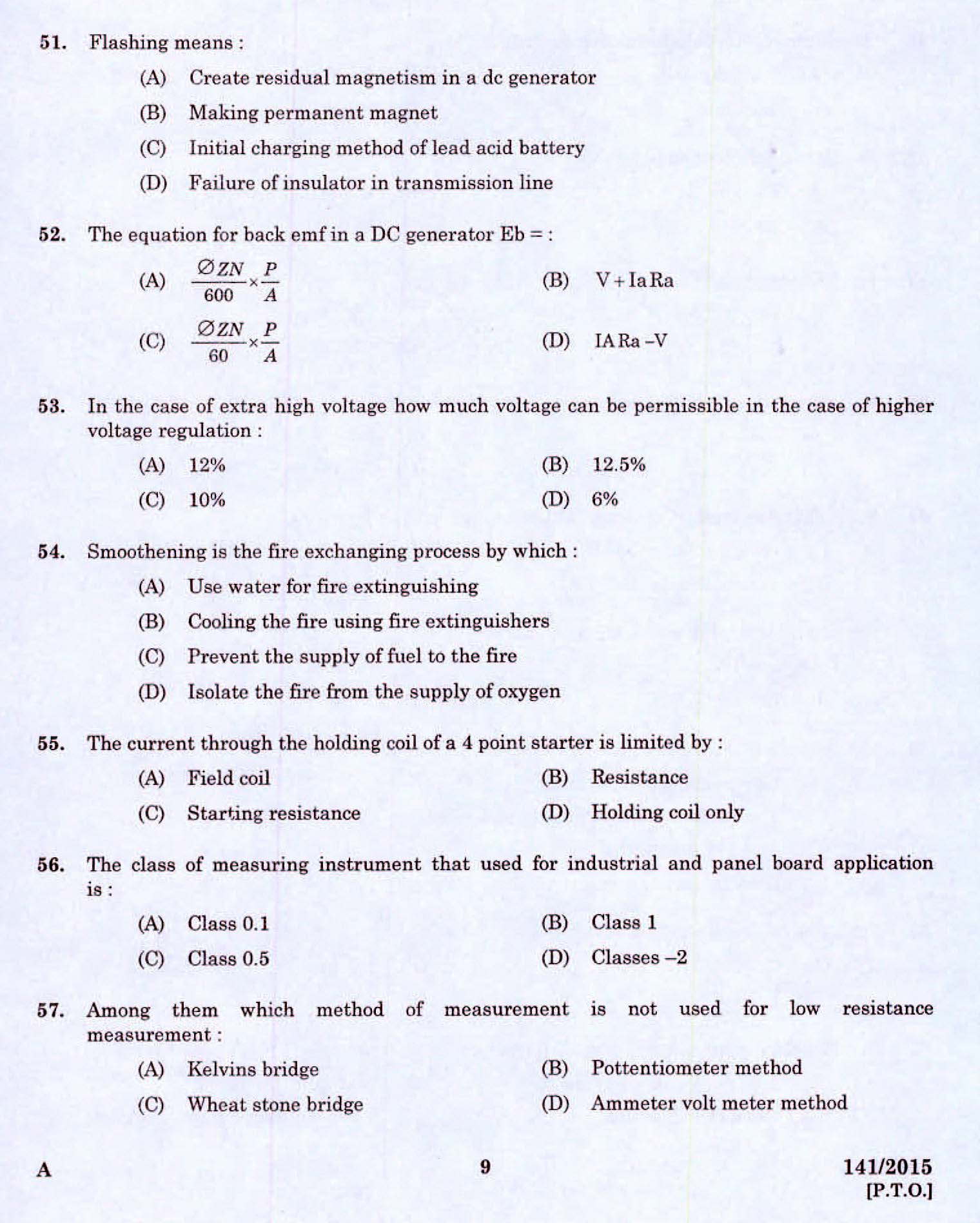 Kerala PSC Electrician Exam 2015 Question Paper Code 1412015 7