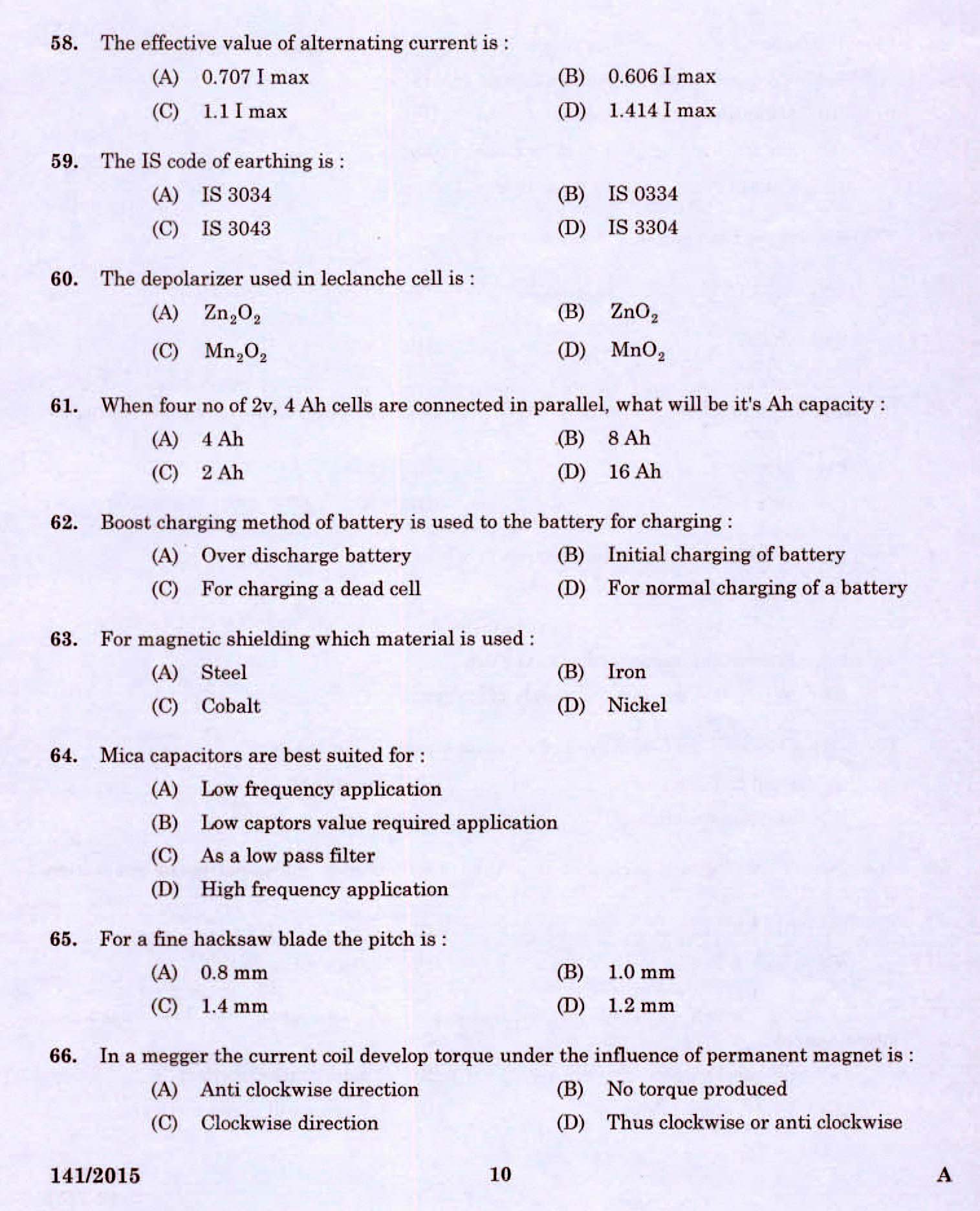 Kerala PSC Electrician Exam 2015 Question Paper Code 1412015 8