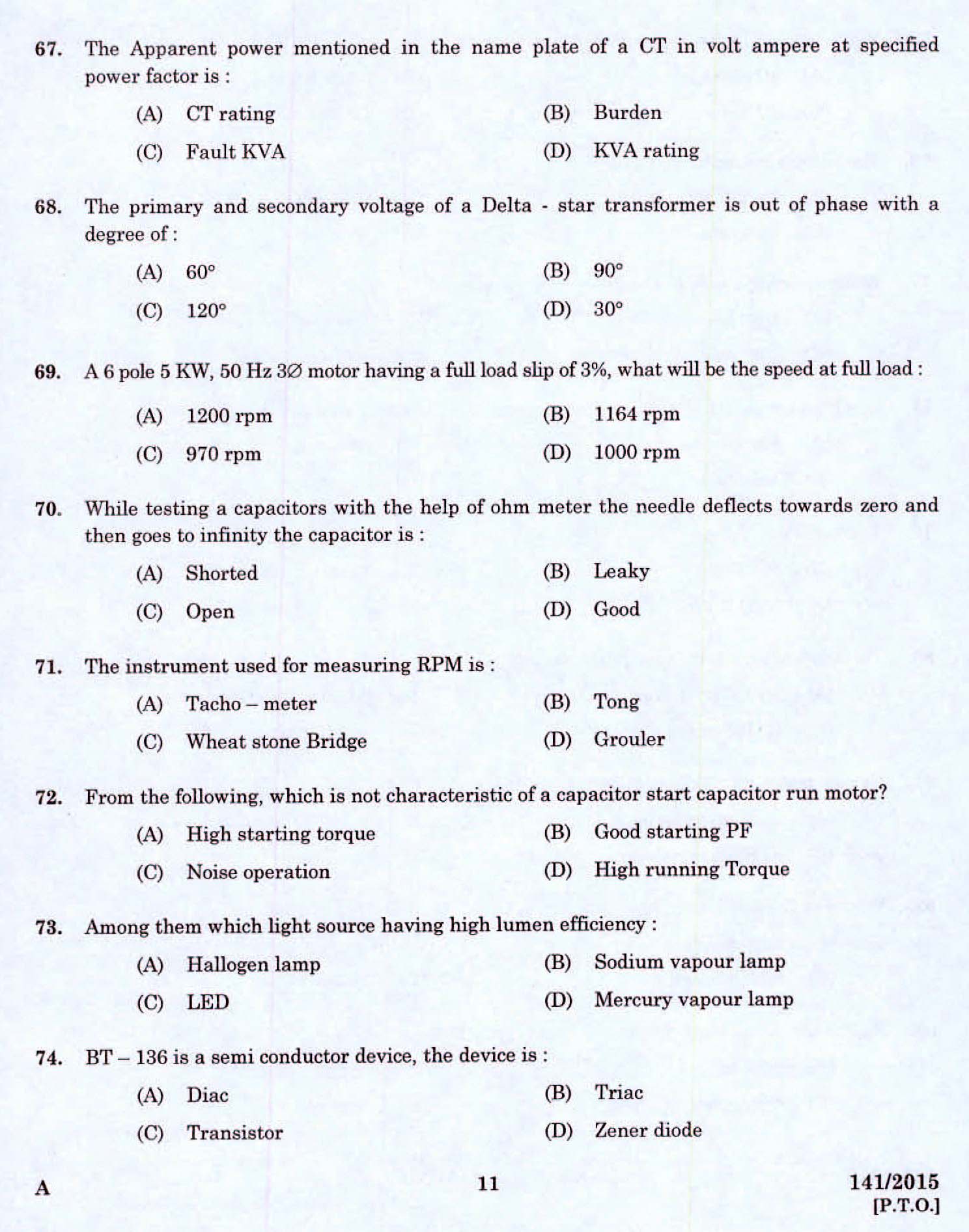 Kerala PSC Electrician Exam 2015 Question Paper Code 1412015 9