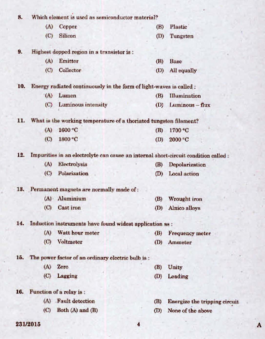 Kerala PSC Electrician Exam 2015 Question Paper Code 2312015 2