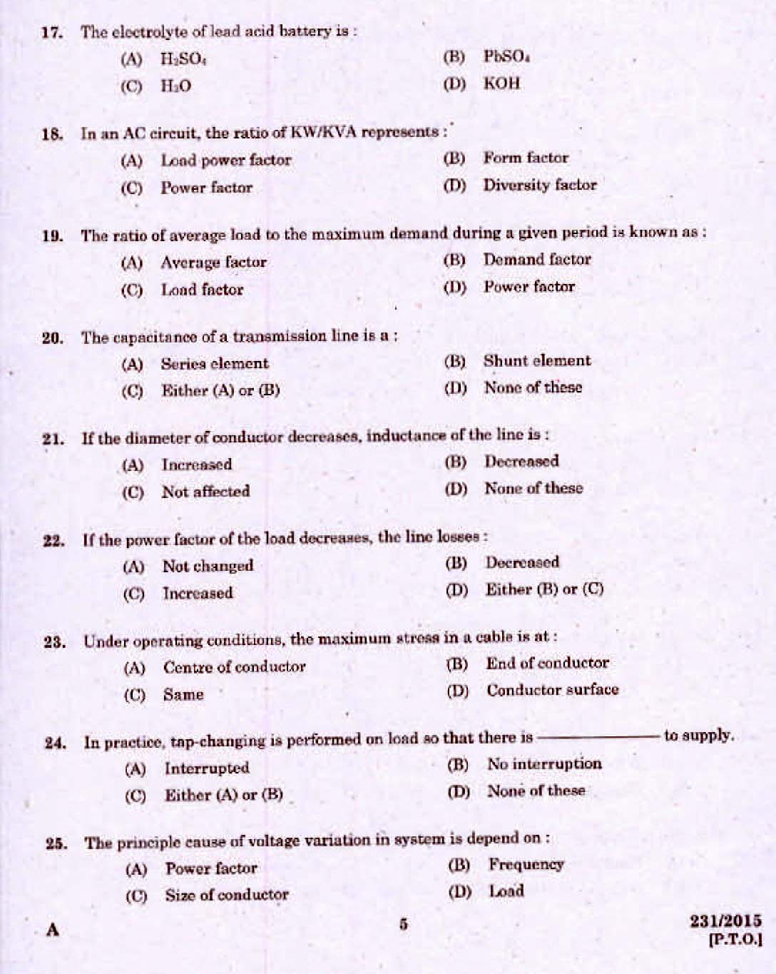 Kerala PSC Electrician Exam 2015 Question Paper Code 2312015 3