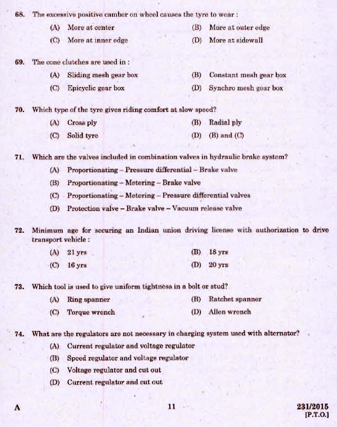 Kerala PSC Electrician Exam 2015 Question Paper Code 2312015 9
