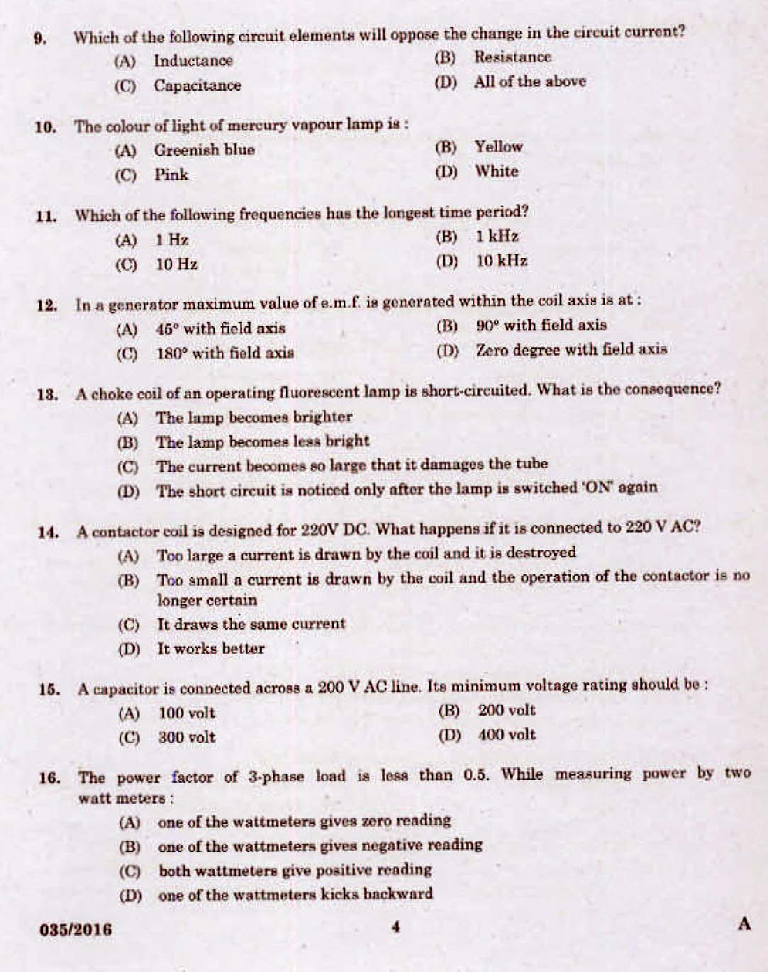Kerala PSC Electrician Exam 2016 Question Paper Code 0352016 2