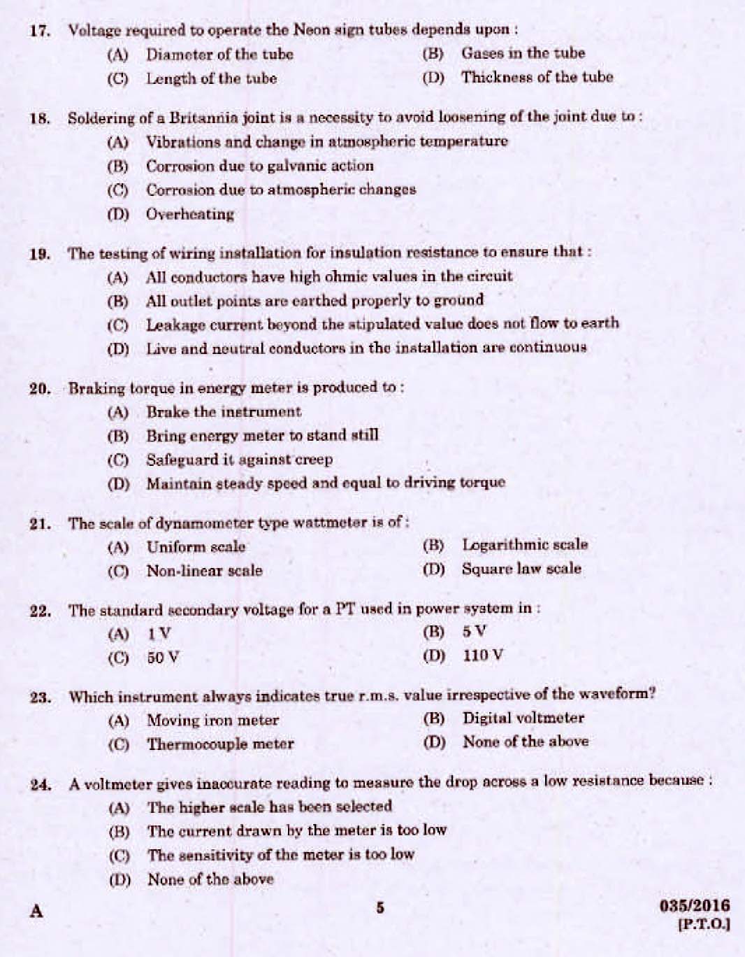 Kerala PSC Electrician Exam 2016 Question Paper Code 0352016 3
