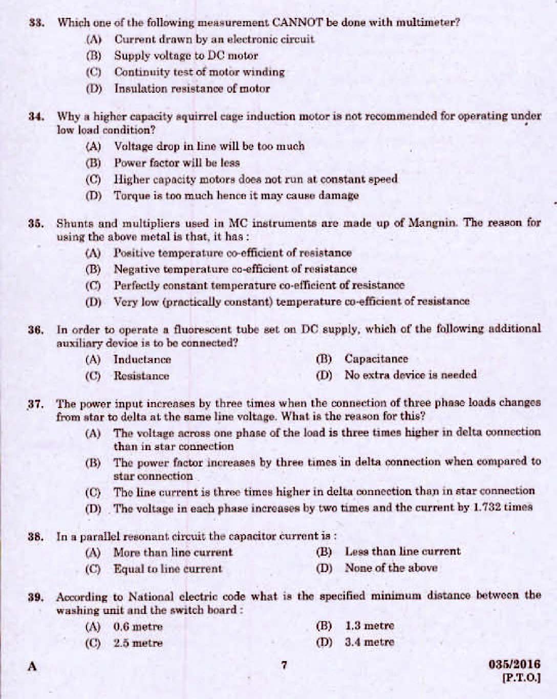 Kerala PSC Electrician Exam 2016 Question Paper Code 0352016 5