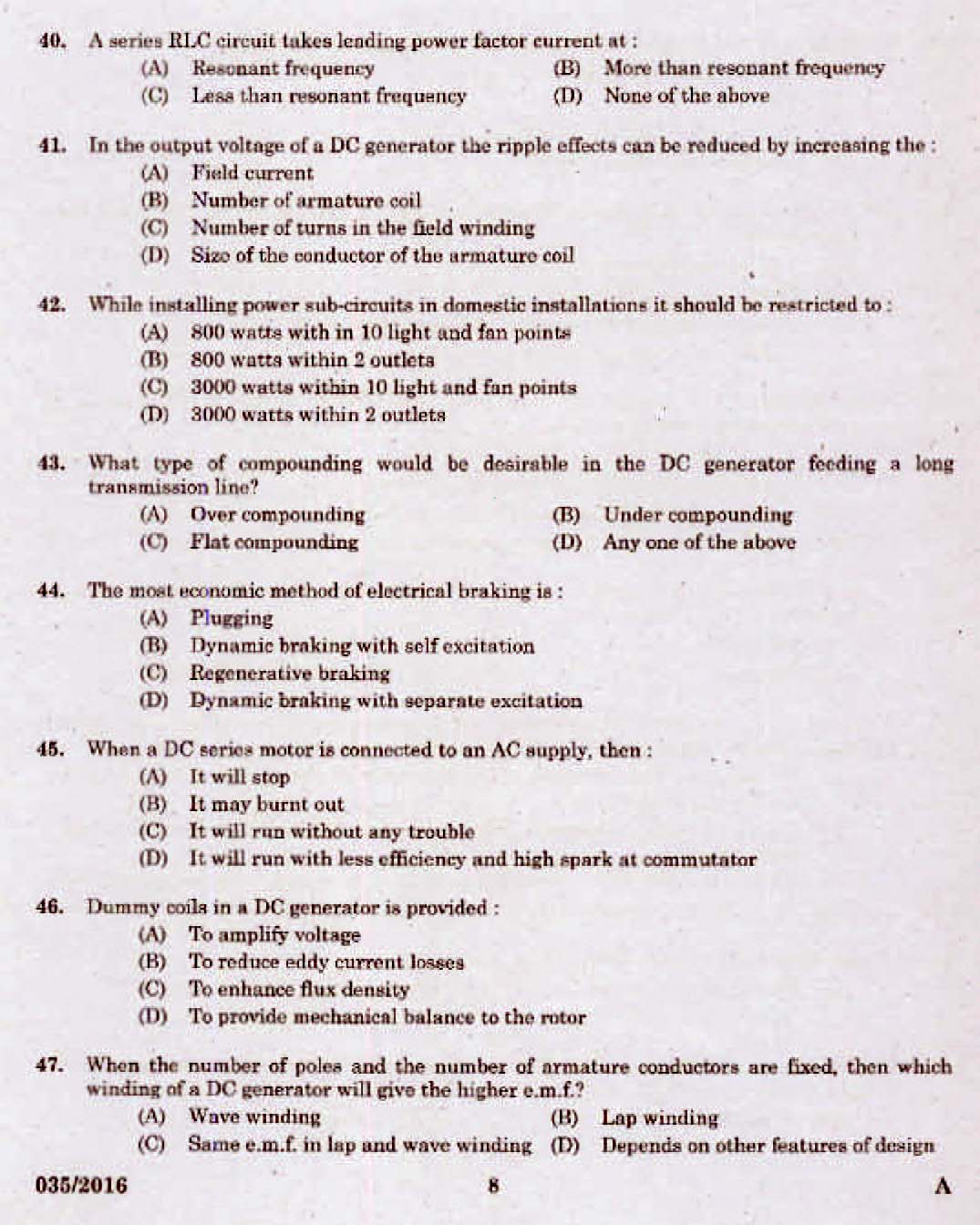 Kerala PSC Electrician Exam 2016 Question Paper Code 0352016 6