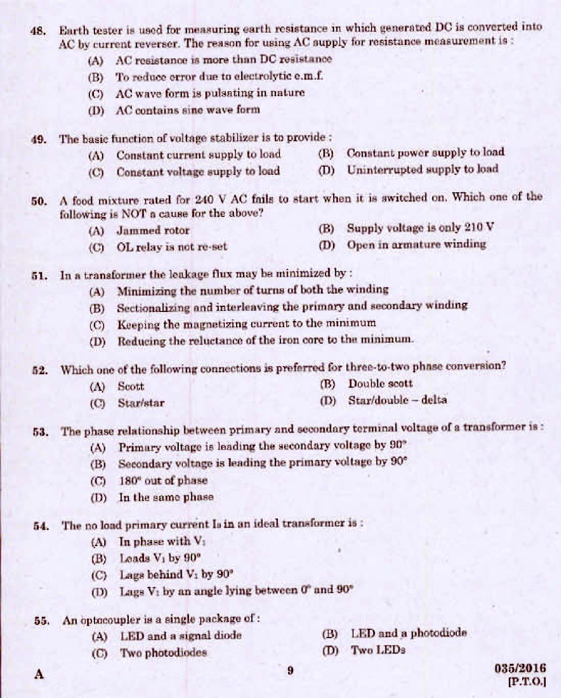 Kerala PSC Electrician Exam 2016 Question Paper Code 0352016 7