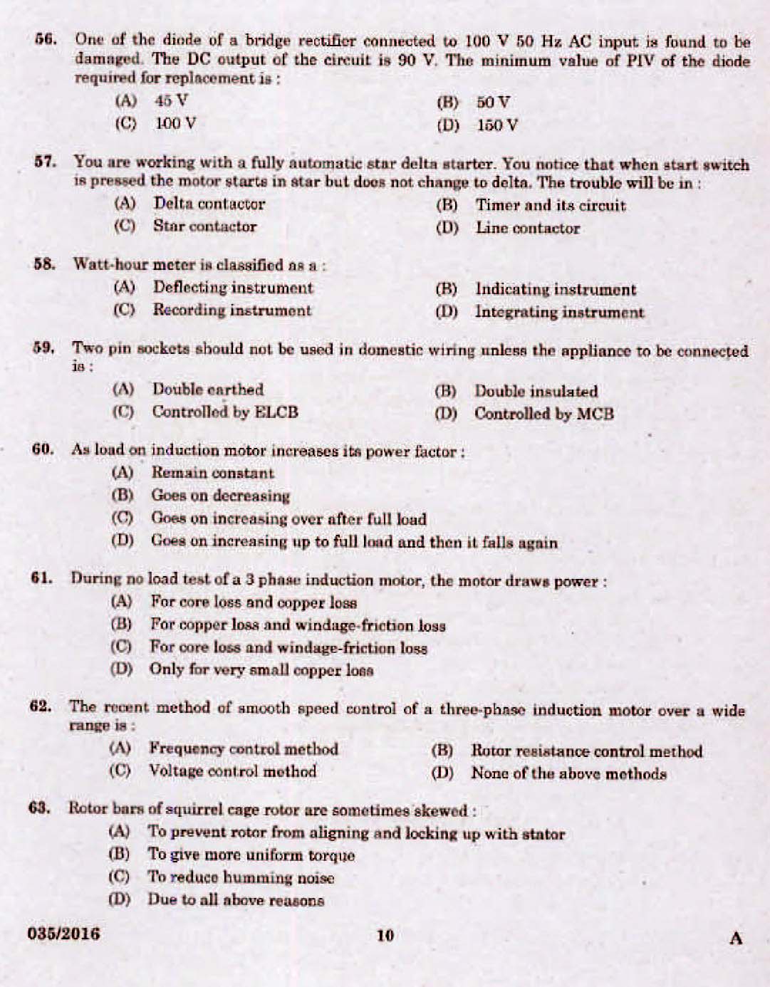 Kerala PSC Electrician Exam 2016 Question Paper Code 0352016 8