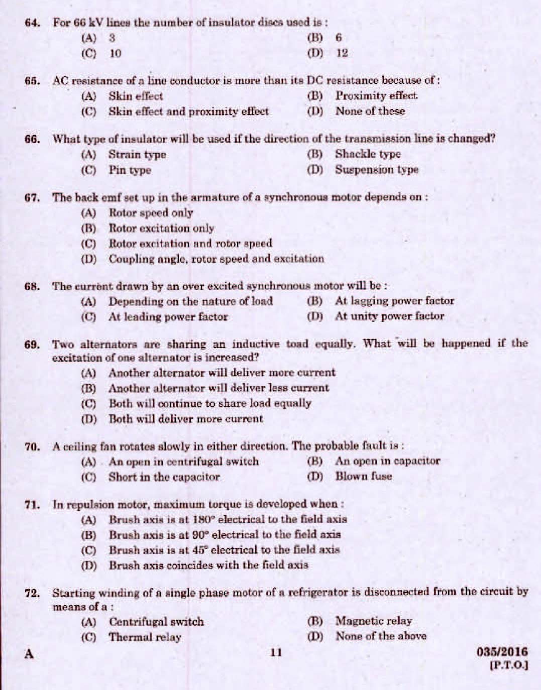 Kerala PSC Electrician Exam 2016 Question Paper Code 0352016 9