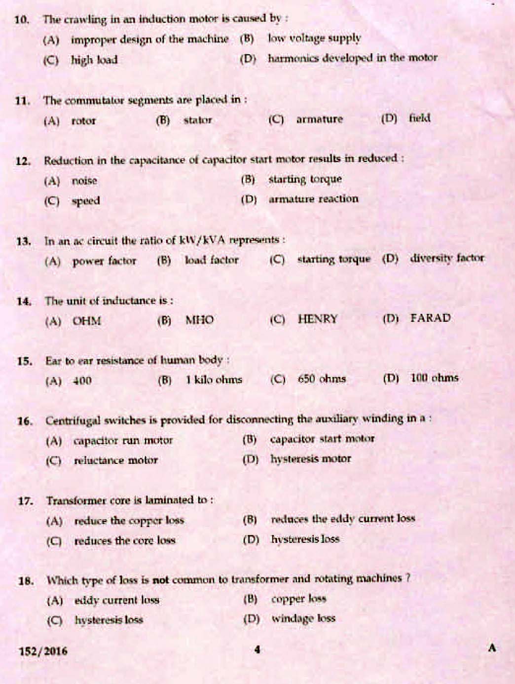 Kerala PSC Electrician Exam 2016 Question Paper Code 1522016 2