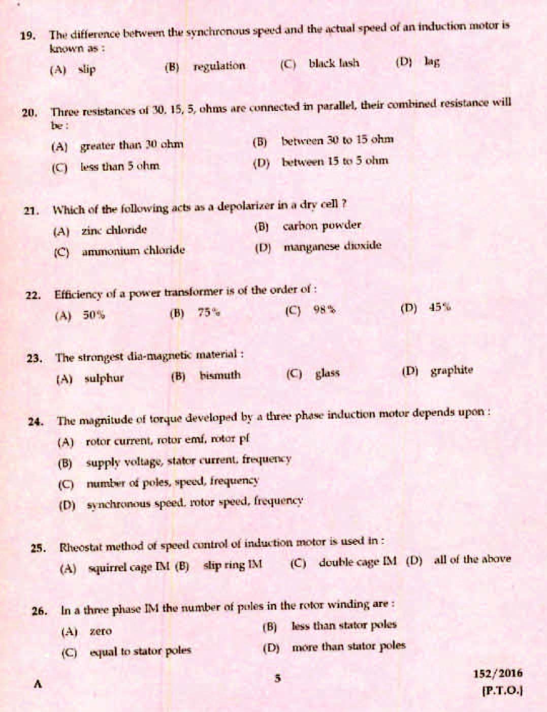 Kerala PSC Electrician Exam 2016 Question Paper Code 1522016 3
