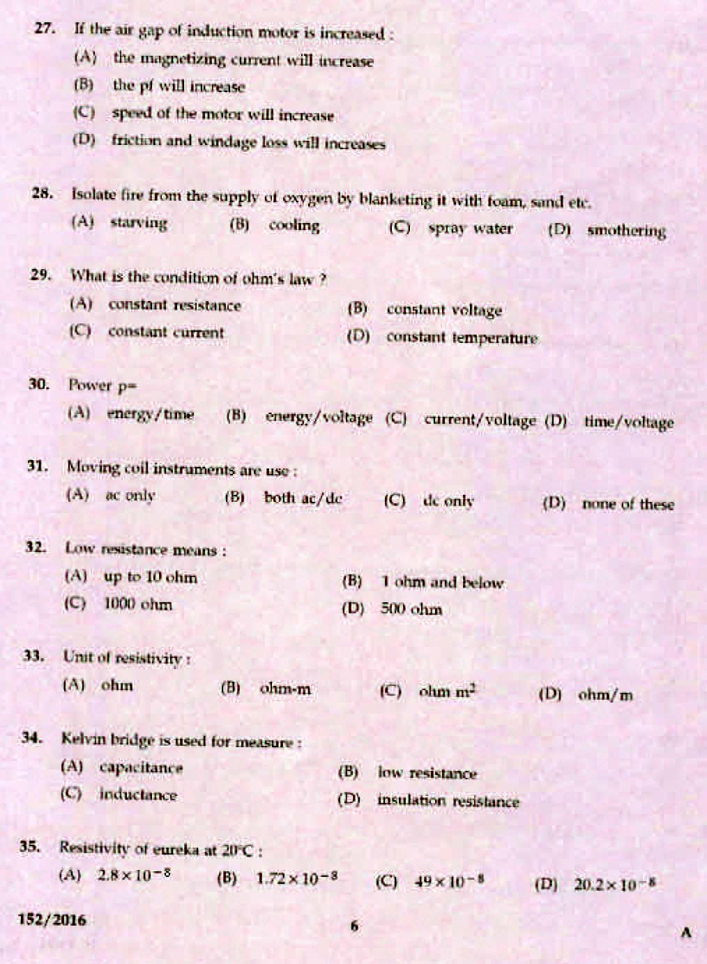 Kerala PSC Electrician Exam 2016 Question Paper Code 1522016 4