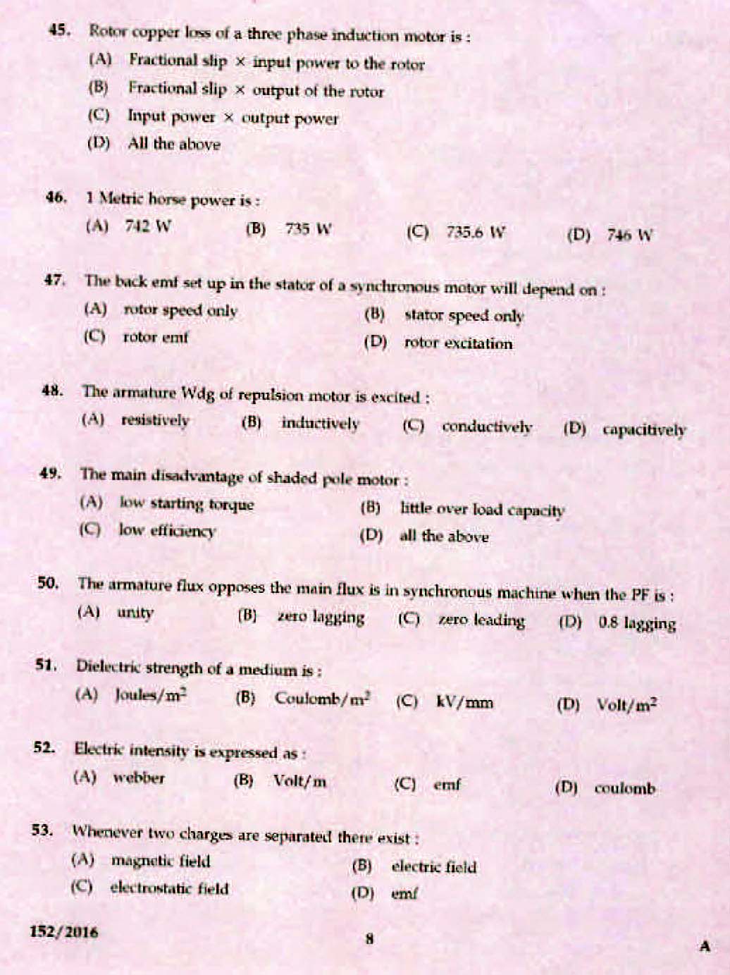 Kerala PSC Electrician Exam 2016 Question Paper Code 1522016 6
