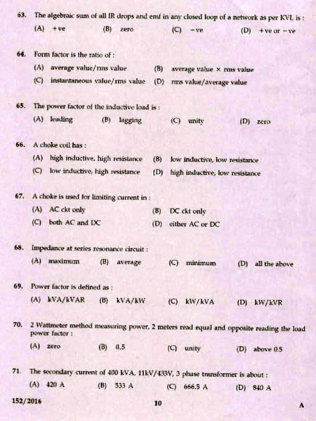 Kerala PSC Electrician Exam 2016 Question Paper Code 1522016 8