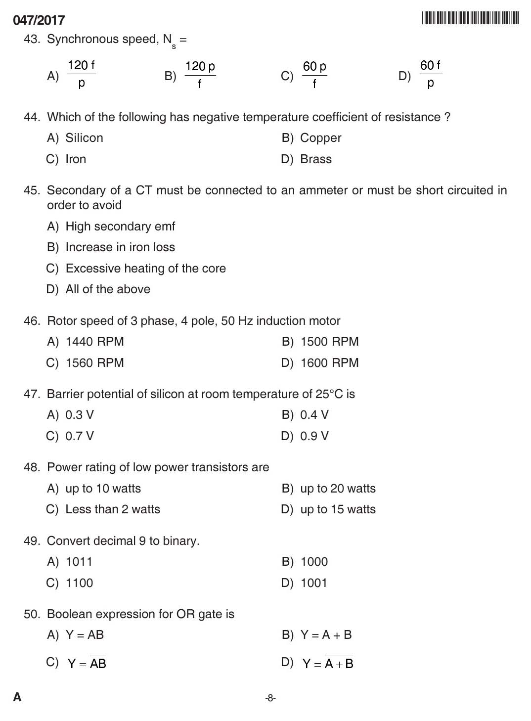Kerala PSC Electrician Exam 2017 Question Paper Code 0472017 7