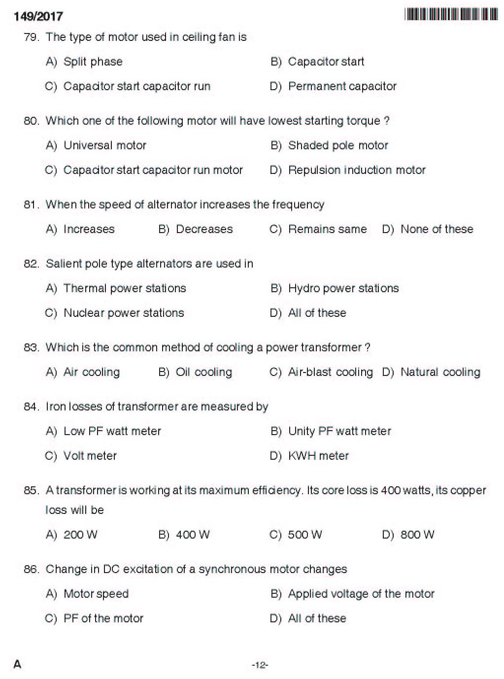 Kerala PSC Electrician Exam 2017 Question Paper Code 1492017 11