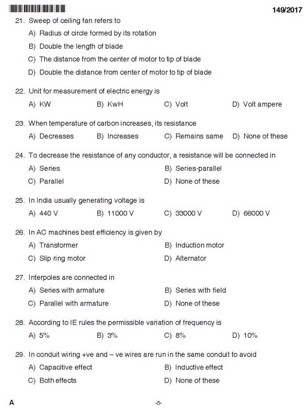 Kerala PSC Electrician Exam 2017 Question Paper Code 1492017 4