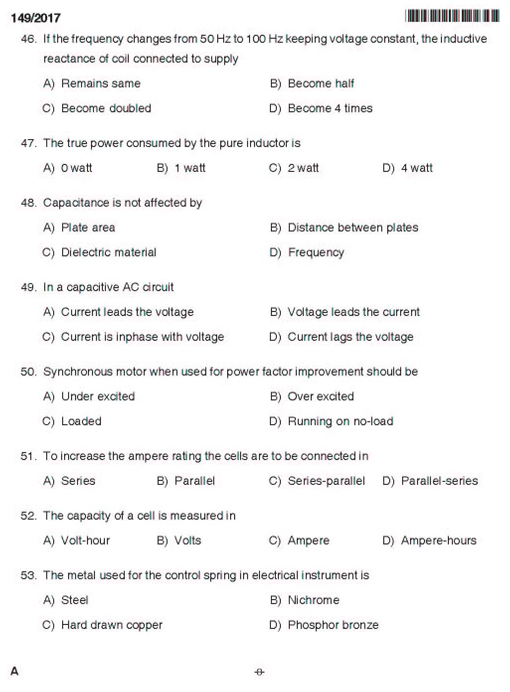 Kerala PSC Electrician Exam 2017 Question Paper Code 1492017 7