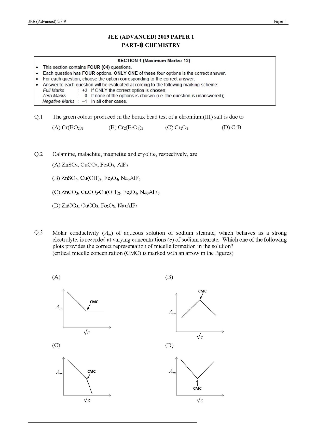 JEE Advanced English Question Paper 2019 Paper 1 Chemistry 1