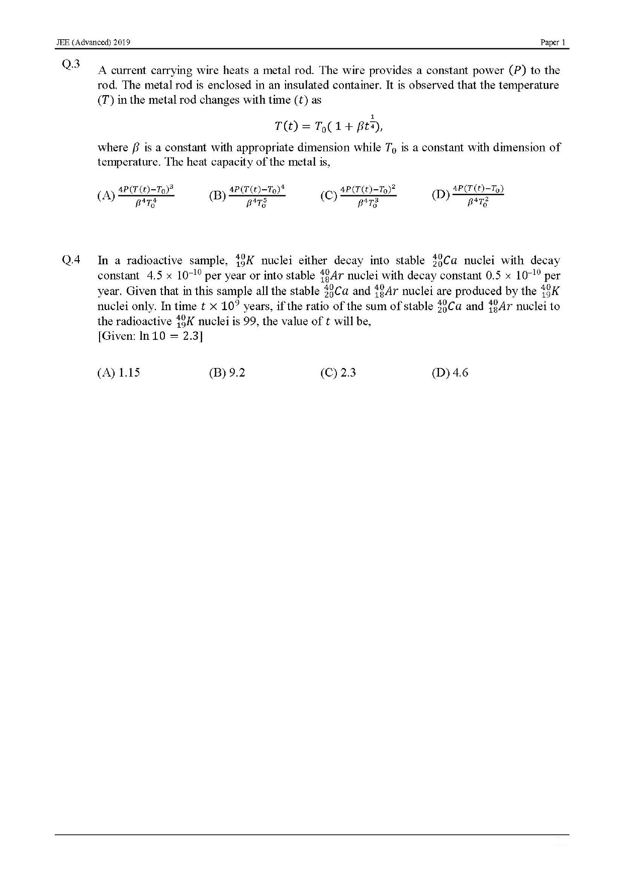 JEE Advanced English Question Paper 2019 Paper 1 Physics 2