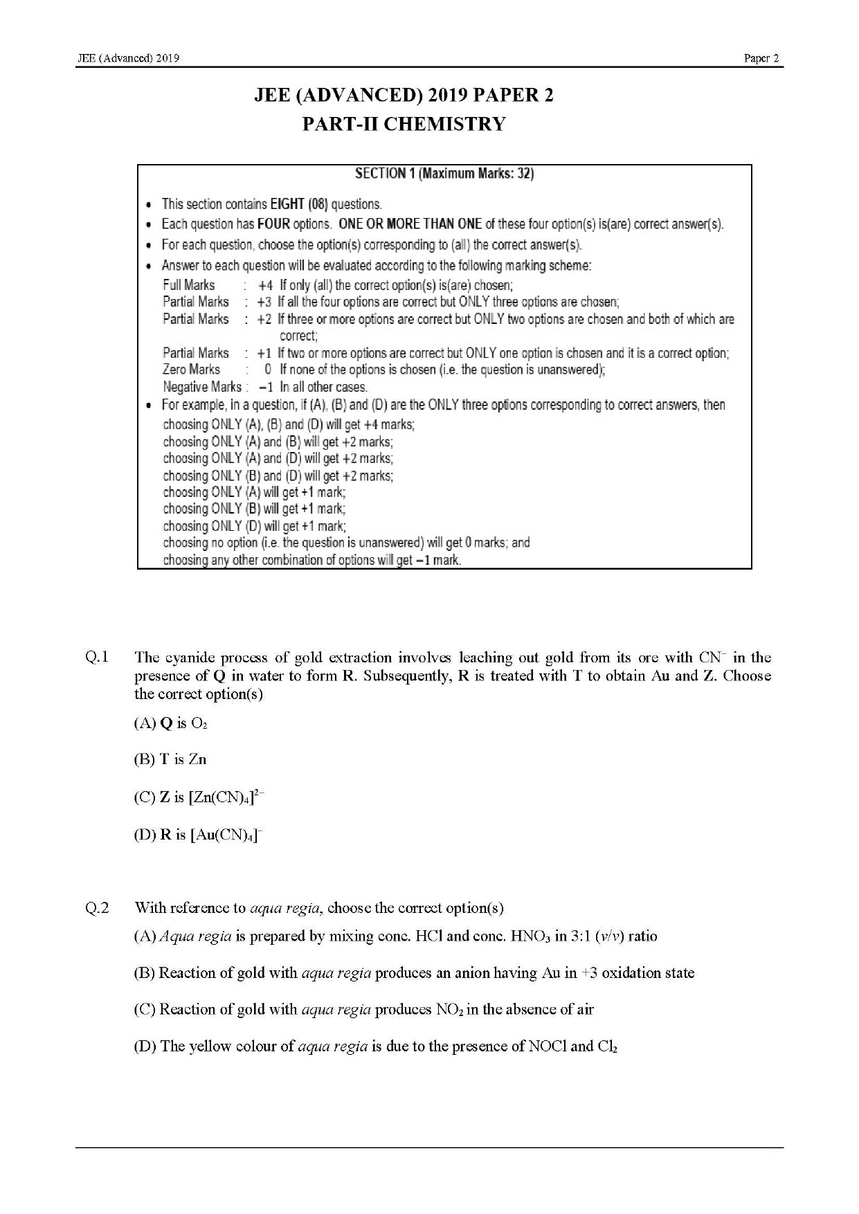 JEE Advanced English Question Paper 2019 Paper 2 Chemistry 1
