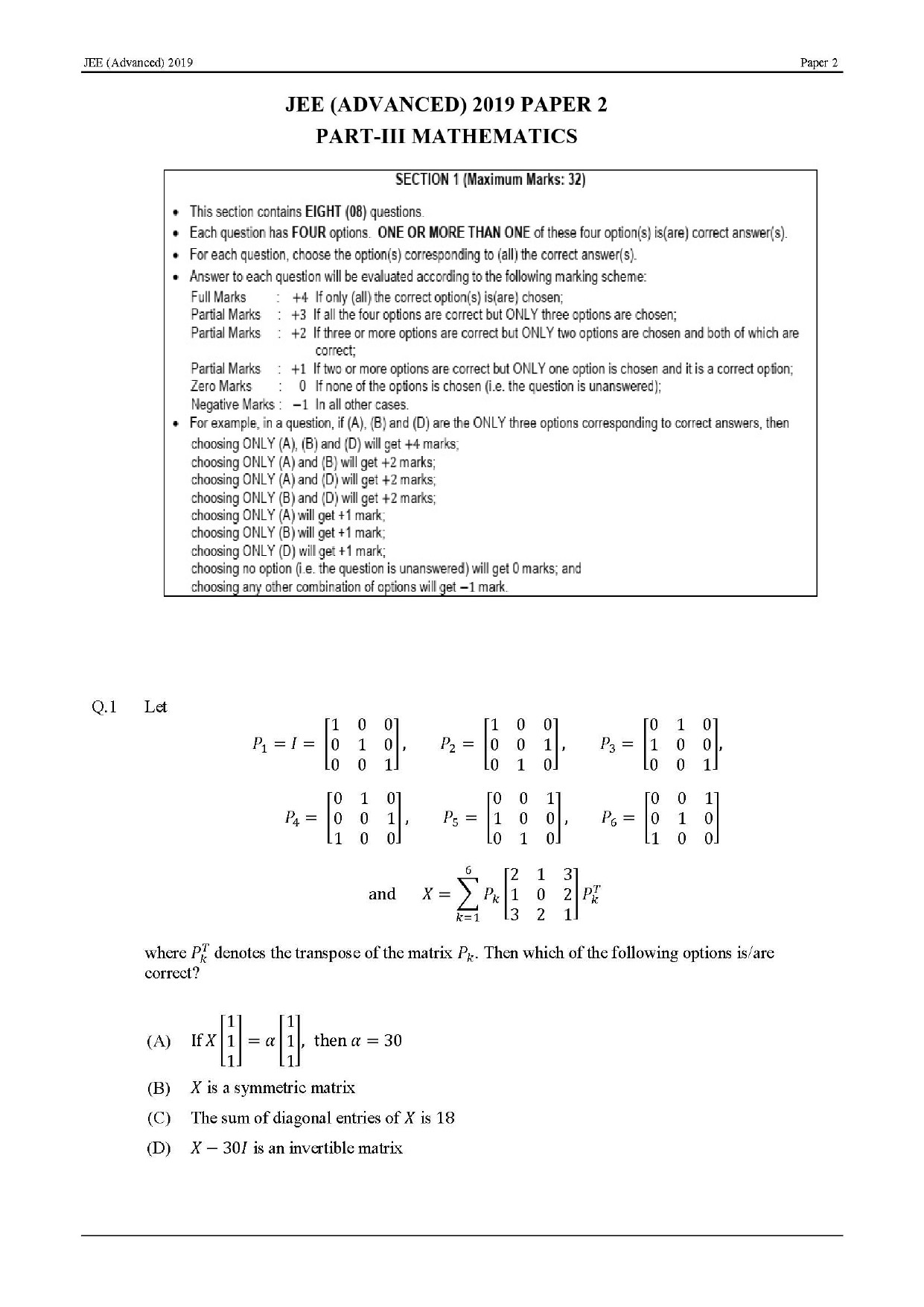 JEE Advanced English Question Paper 2019 Paper 2 Mathematics 1