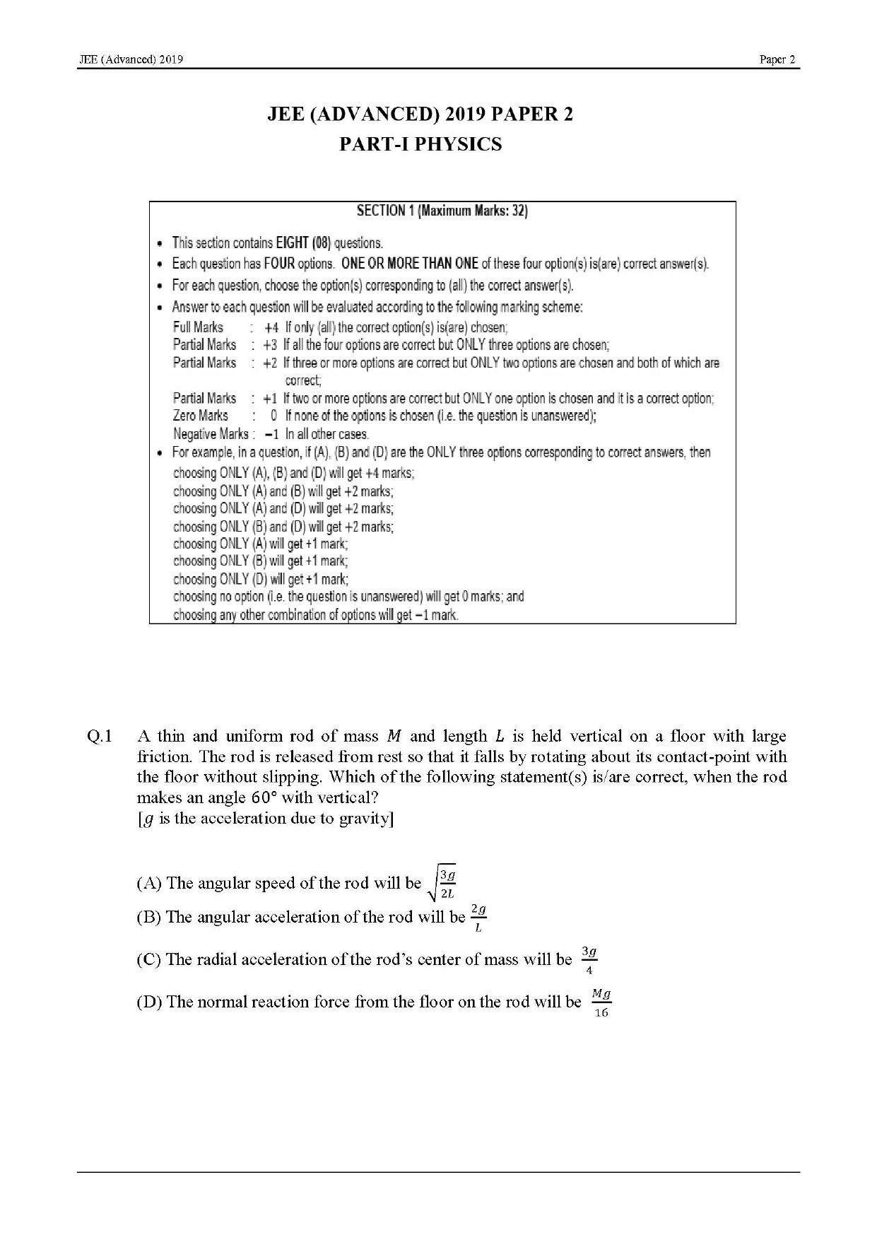 JEE Advanced English Question Paper 2019 Paper 2 Physics 1