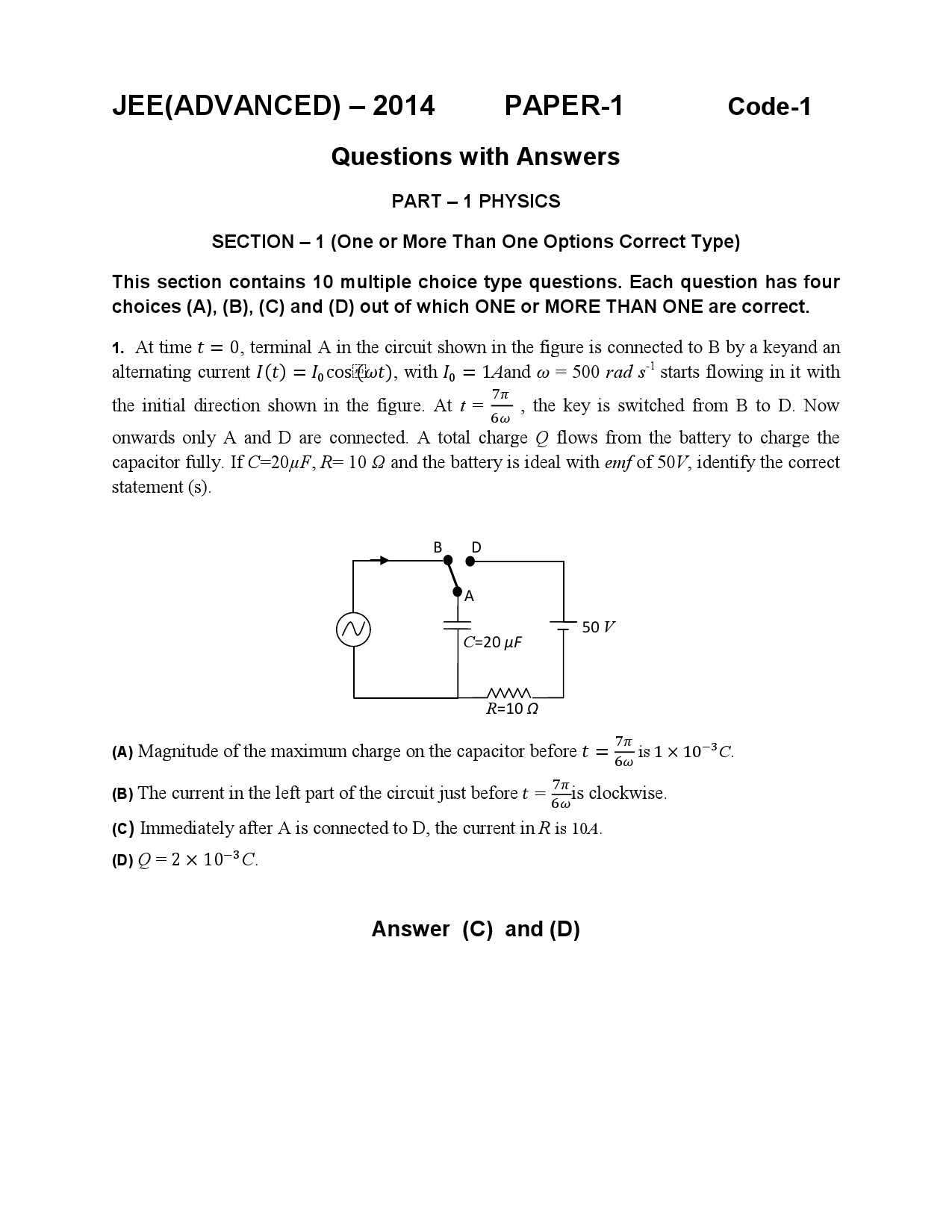 JEE Advanced Exam Question Paper 2014 Paper 1 Physics 1