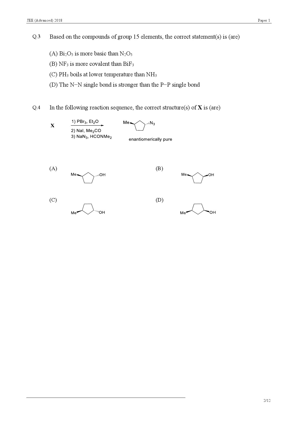 JEE Advanced Exam Question Paper 2018 Paper 1 Chemistry 2