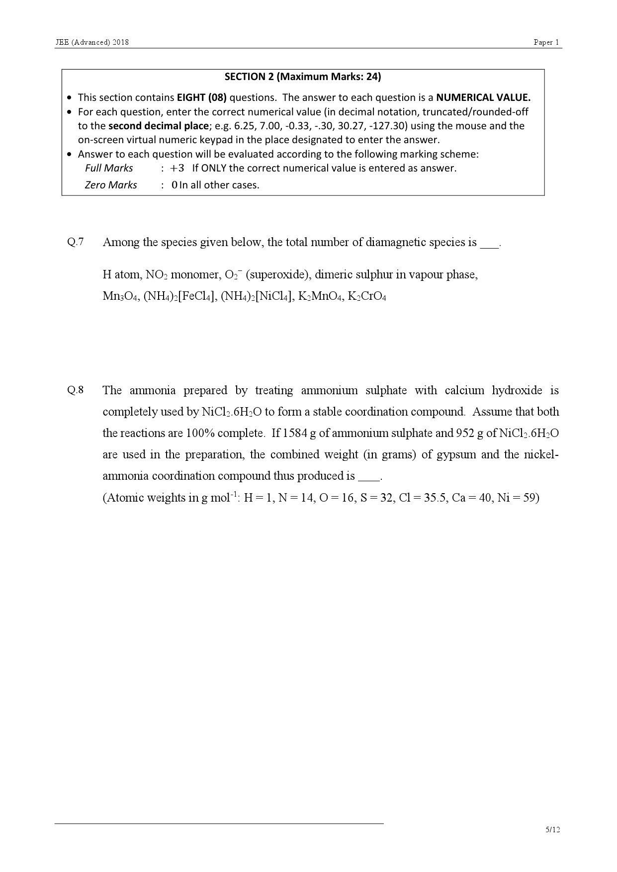 JEE Advanced Exam Question Paper 2018 Paper 1 Chemistry 5