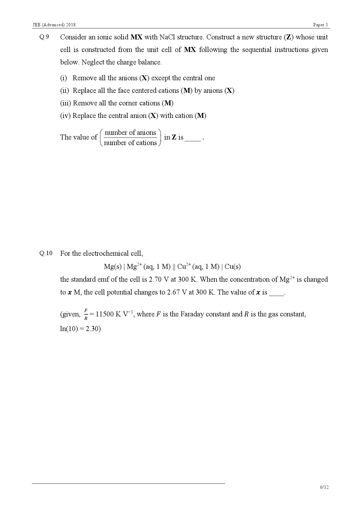 JEE Advanced Exam Question Paper 2018 Paper 1 Chemistry 6