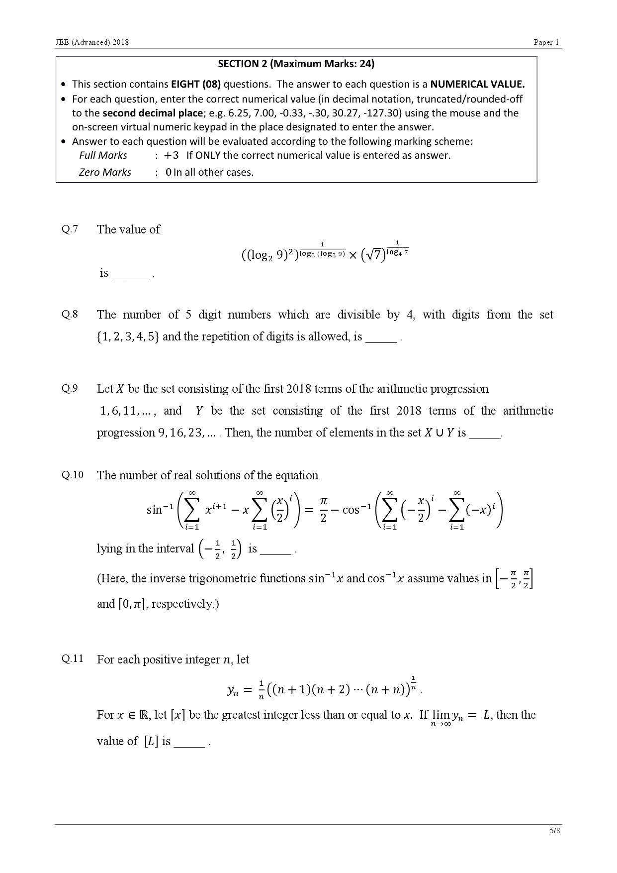 JEE Advanced Exam Question Paper 2018 Paper 1 Mathematics 5