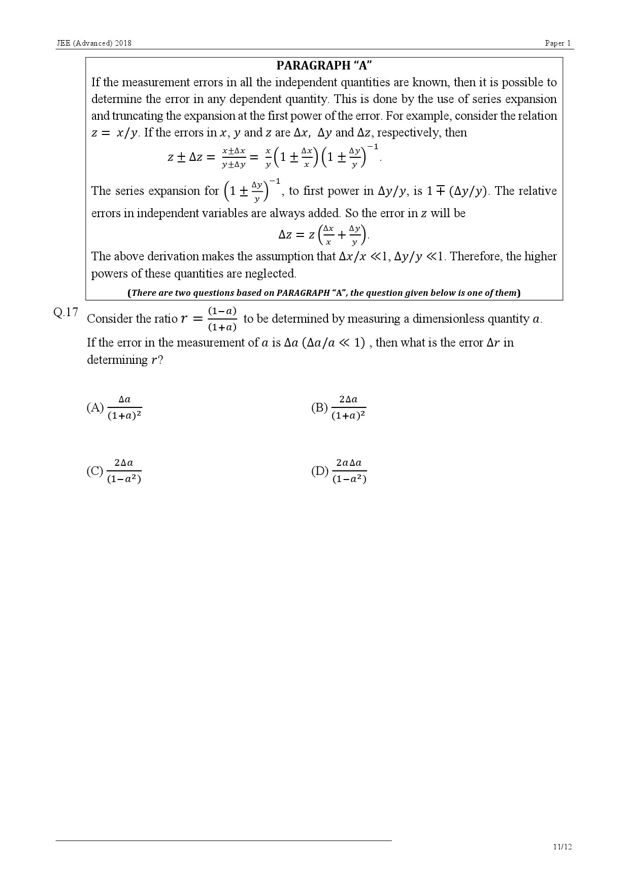 JEE Advanced Exam Question Paper 2018 Paper 1 Physics 11