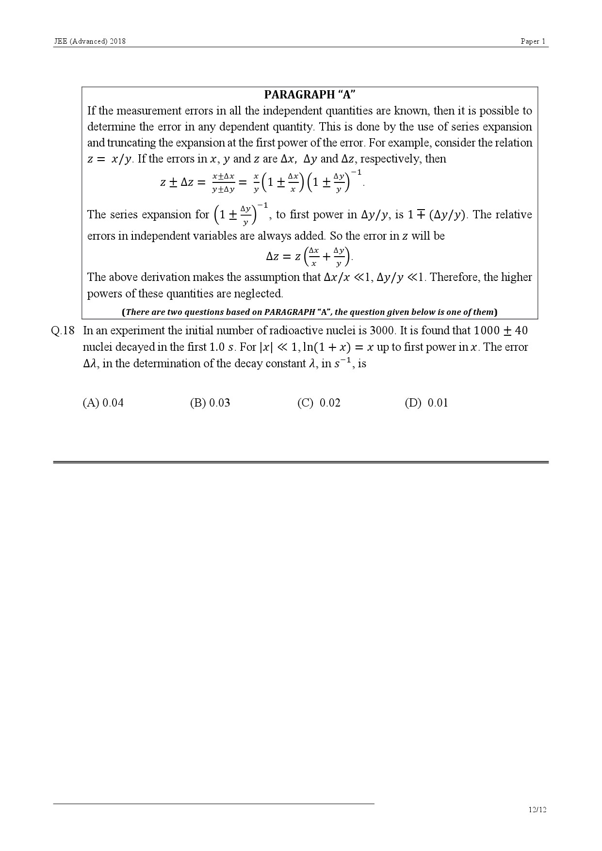 JEE Advanced Exam Question Paper 2018 Paper 1 Physics 12