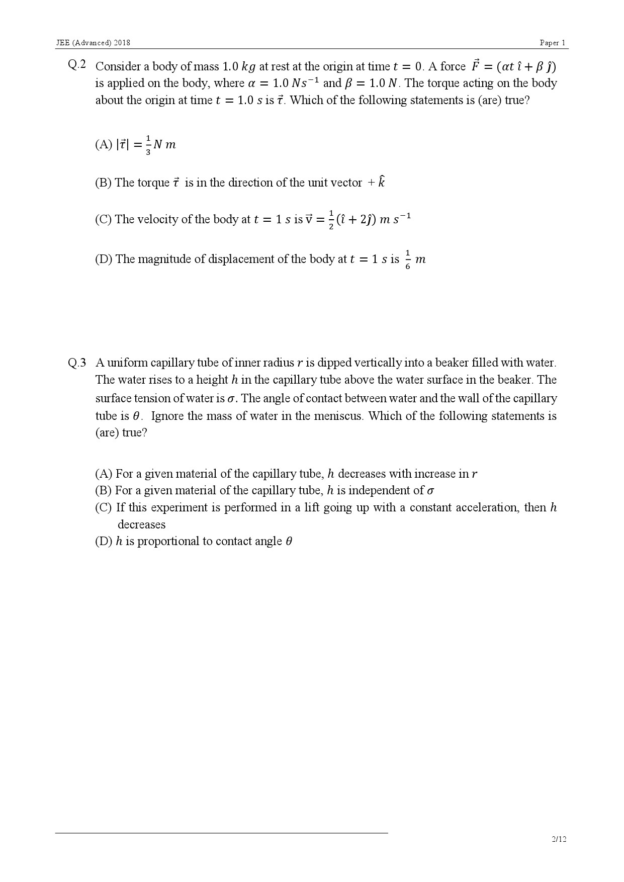 JEE Advanced Exam Question Paper 2018 Paper 1 Physics 2