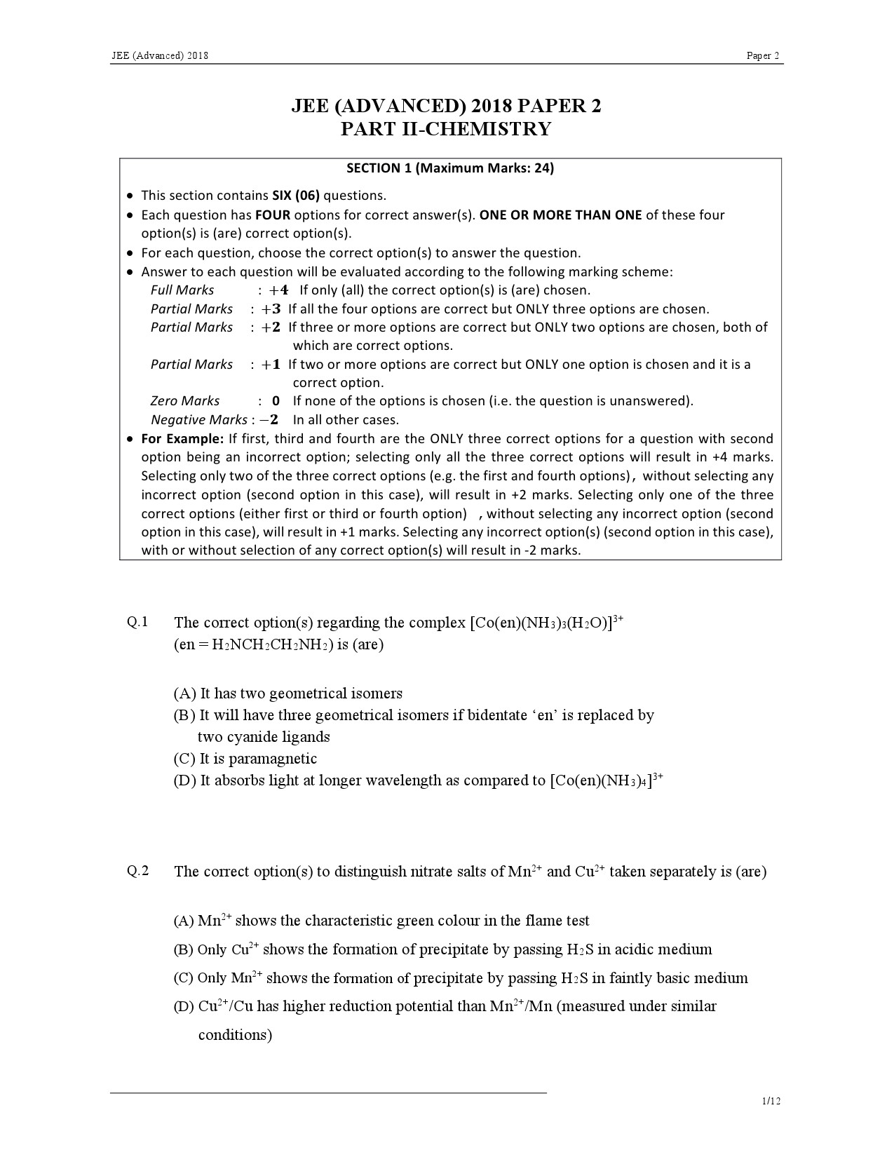 JEE Advanced Exam Question Paper 2018 Paper 2 Chemistry 1