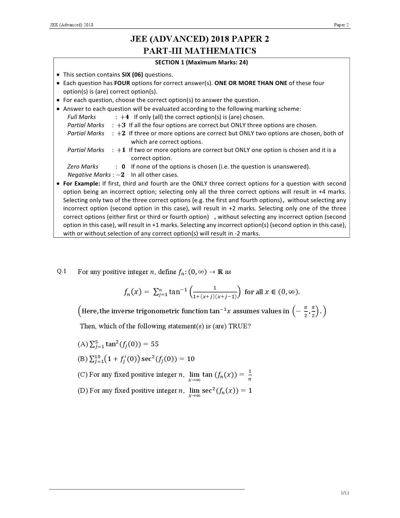 JEE Advanced Exam Question Paper 2018 Paper 2 Mathematics 1